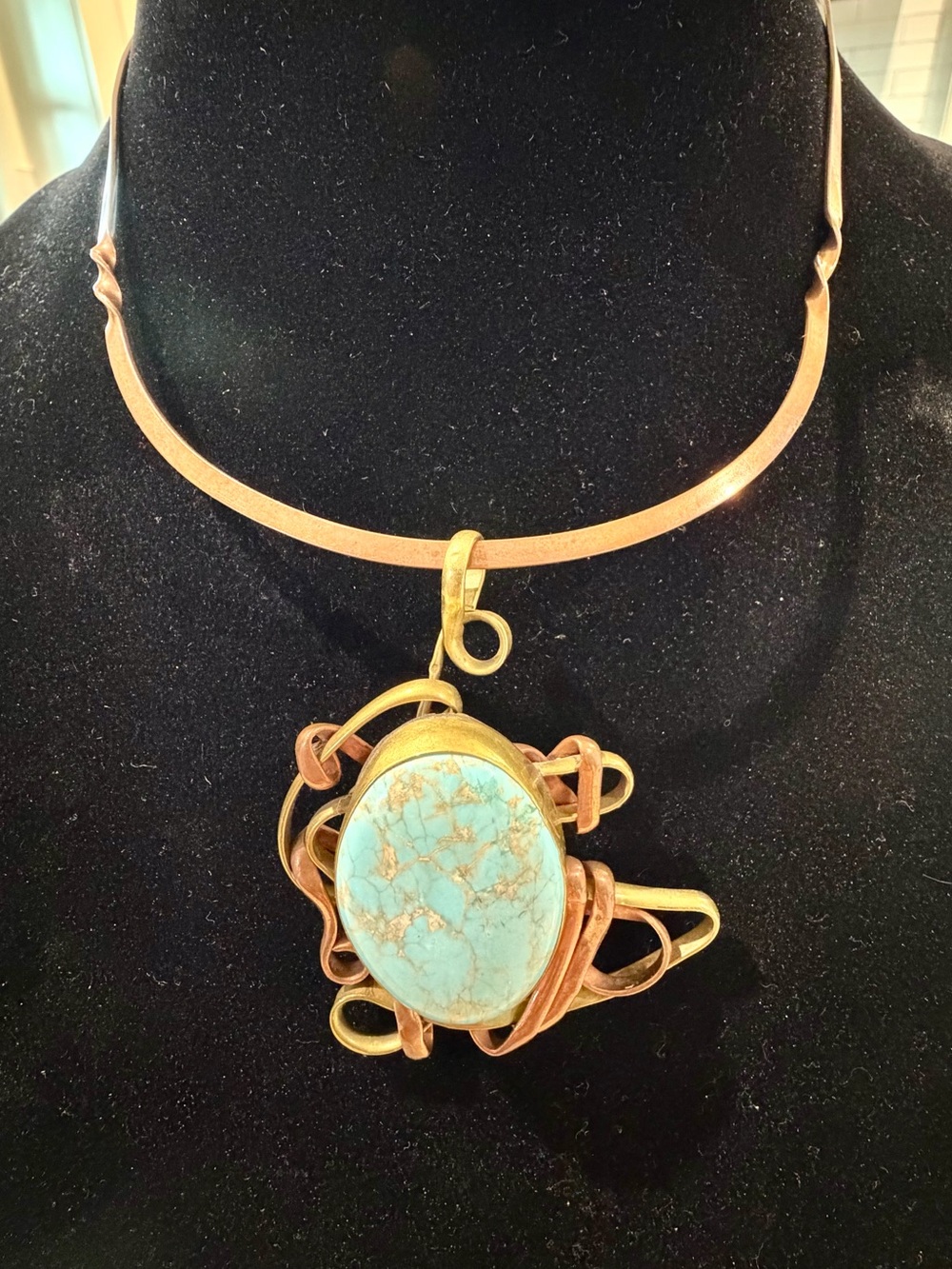Vintage Artisan Copper Brass Torque Necklace Turquoise Choker